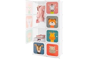 HONEY JOY Kids Wardrobe Closet, Baby Cartoon Clothes Storage Organizer, 8 Cubes & 2 Hanging Sections, Portable Children DIY M
