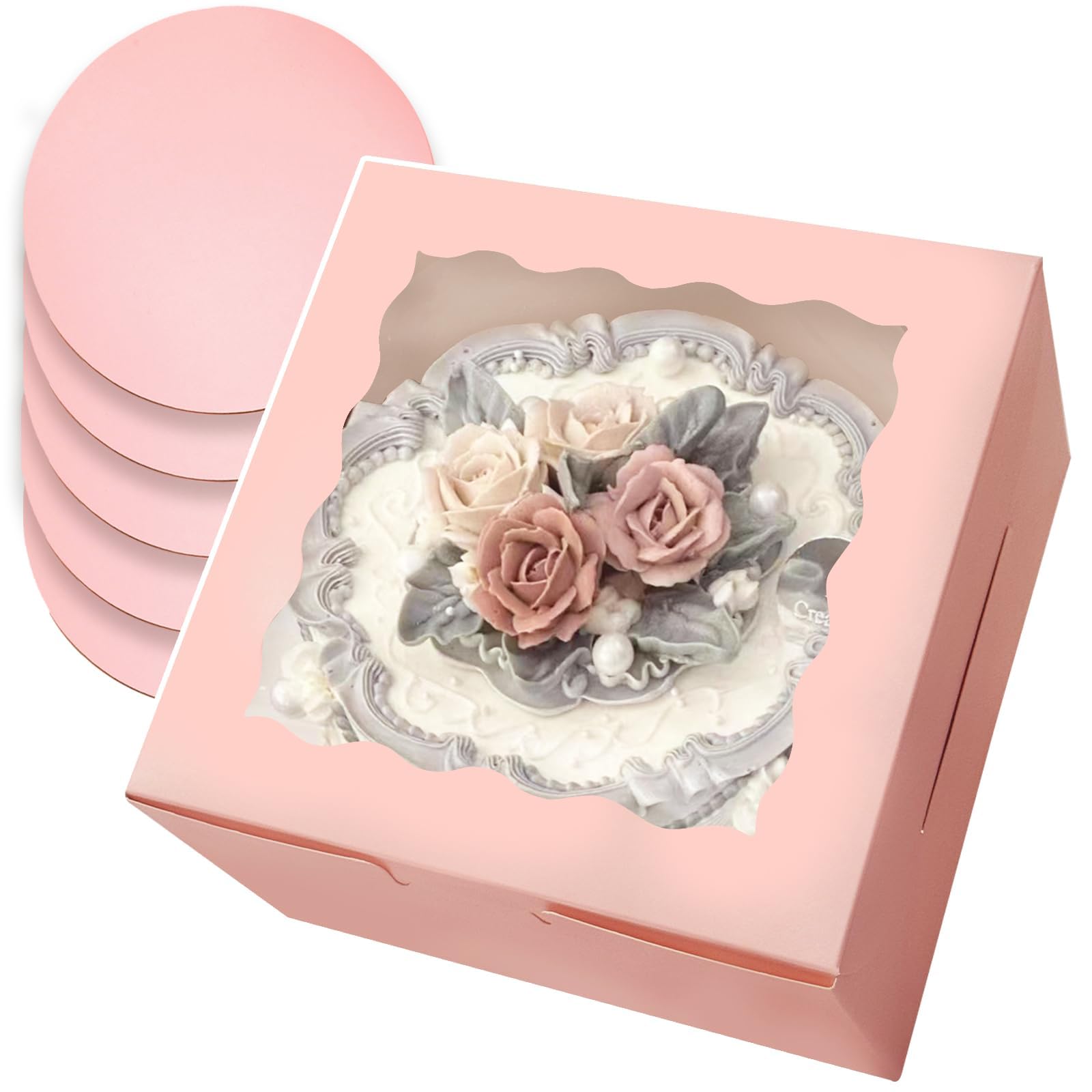 Gcardist 20.3 x 20.3 x 12.7 cm Cake Box, 5 Sets Pink Cake Box with Window & 5 Sets 20.3 cm Pink Cake Round Boards, 20.3 cm Cake Containers (8 x 8 x 5 Inches)