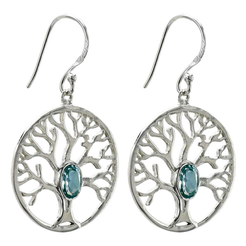 I-be, Tree of Life Topaz Blue Gemstone Faceted Earrings 925 Silver in Gift Box 397222/BDL/S