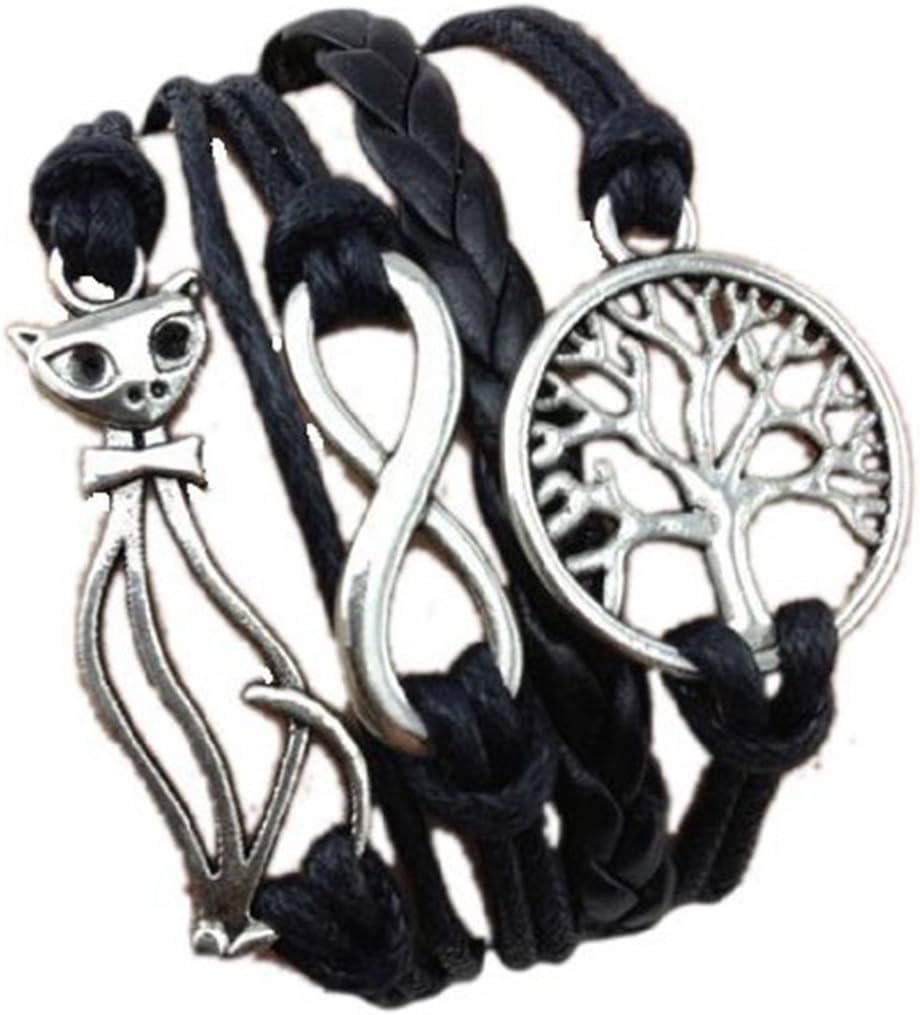 Infinity Tree of Life and Cat Bracelet/One Direction Bracelet/Love - Black/Silver