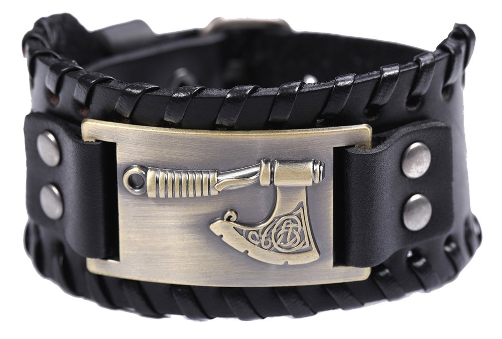 EUEAVAN Slavic Viking Perun Axe Braided Wide Talisman Leather Wristband Bracelet (Antique Bronze,Black), Leather