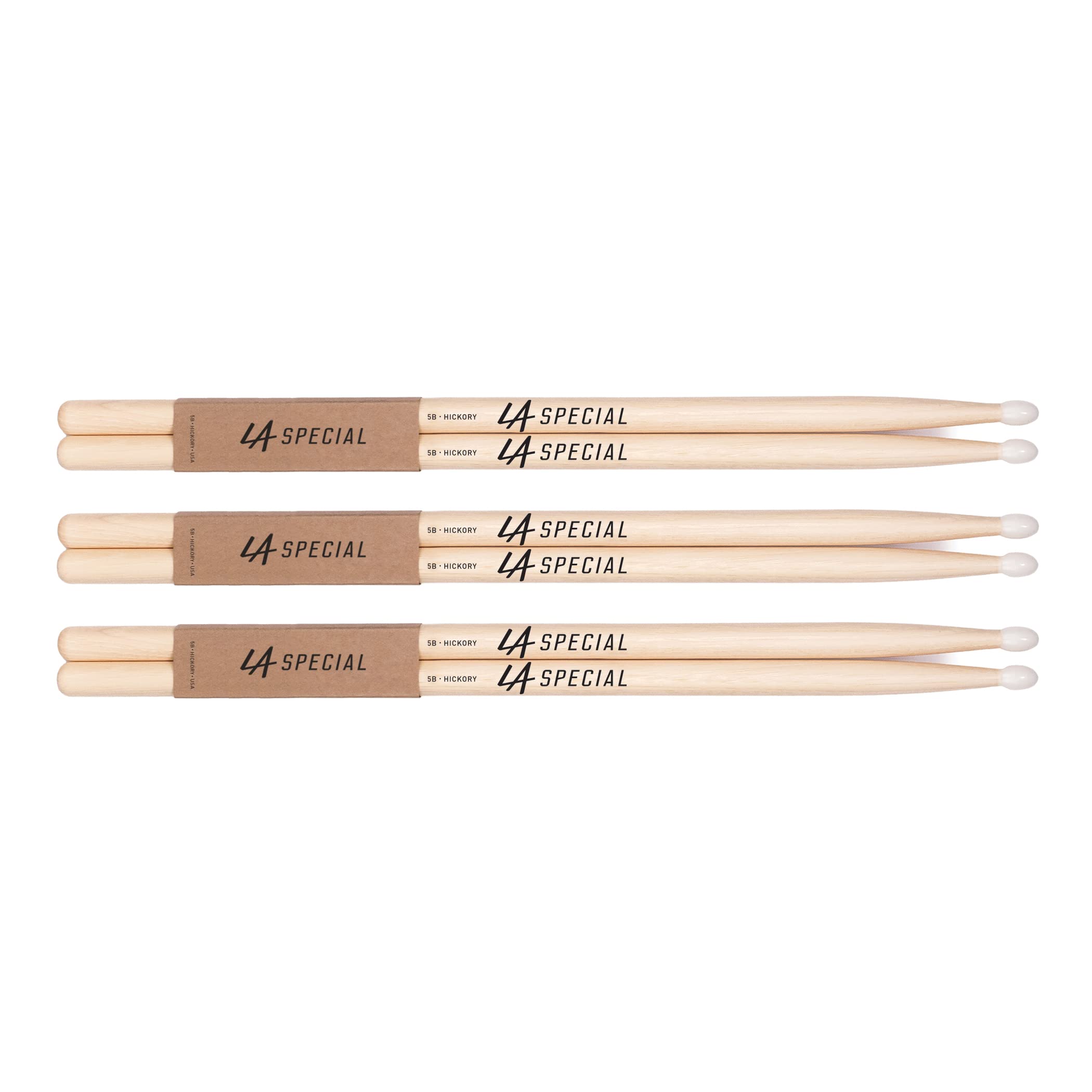 LA Specials Drum Sticks - 5B Drumsticks - Drum Sticks Set for Acoustic Drums or Electronic Drums - Oval Nylon Tip - Hickory Drum Sticks - Consistent Weight and Pitch - 3 Pairs