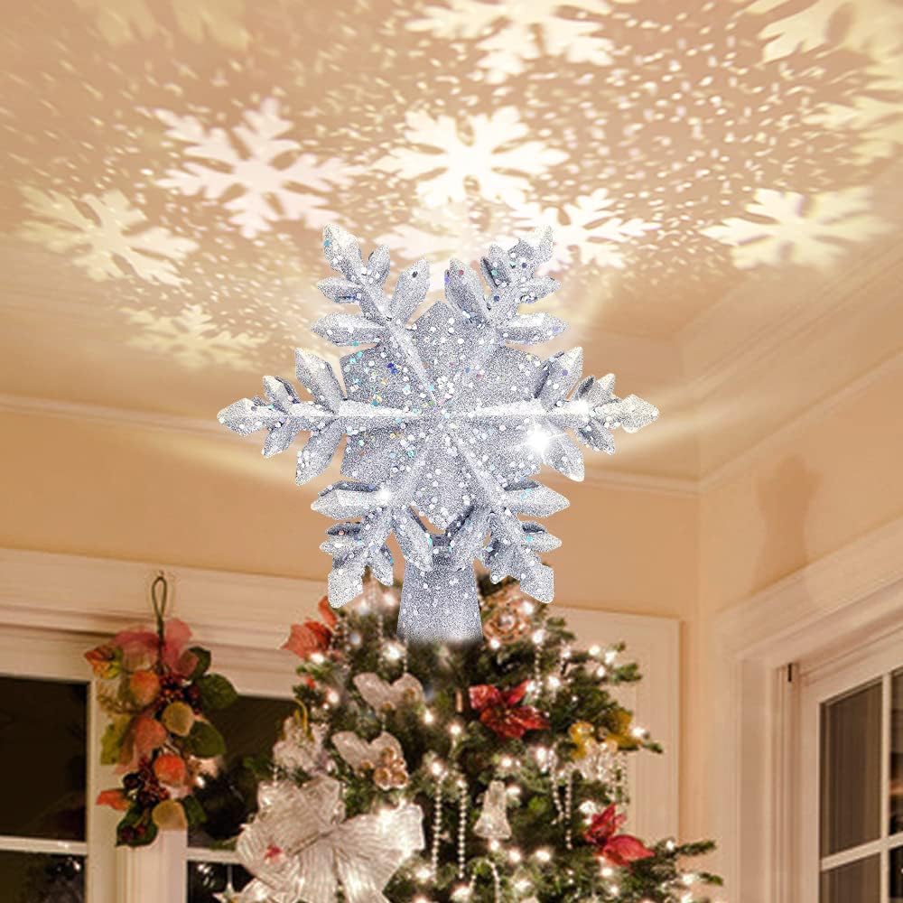 Tree Toppers - Bunny Chorus Christams Tree Topper Decoration, Sliver Snowflake Tree Topper Lighted, Rotating 3D Projector, Hollow Glitter Snowflake Design for Christmas Tree Decorations