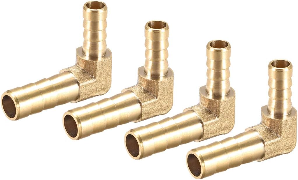 sourcing map 8mm to 6mm Barb Brass Hose Fitting 90 Degree Elbow Pipe Connector Coupler 4pcs, Gold, 8mm x 6mm
