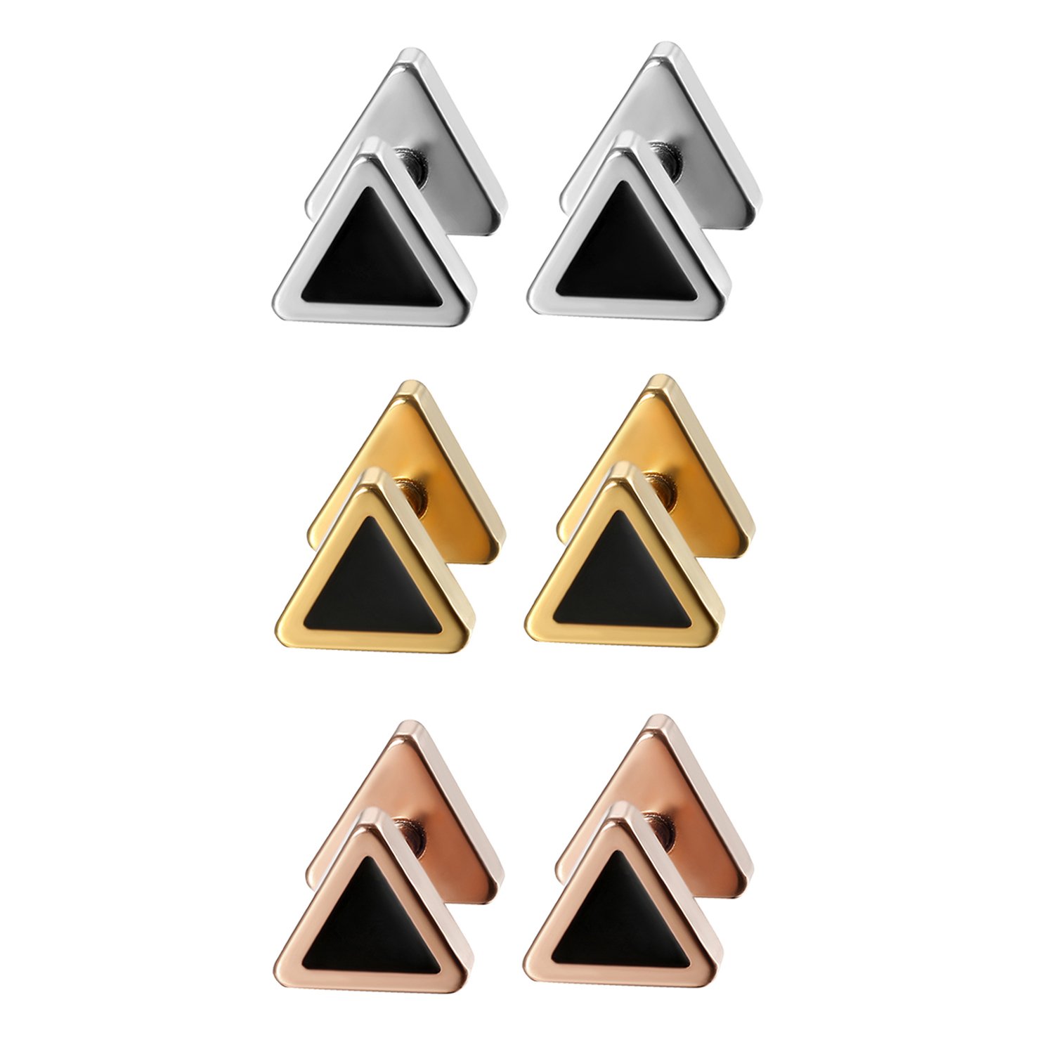 Cupimatch 6 Pairs Triangle Screw Stud Earrings, Unisex Stainless Steel Tunnel Plug Piercing Earrings Set