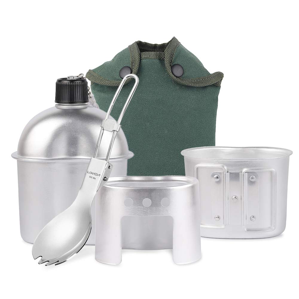 Lixada Camping Canteen Set Aluminum Military Canteen Water Bottle Wood Stove Set with Cover Bag for Camping Hiking Backpacking Hunting