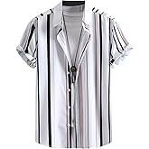 OYOANGLE Men's Striped Short Sleeve Shirt Button Down Hawaiian Casual Shirts Tops