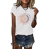 MaQiYa Womens Graphic Tees Summer Vintage Short Sleeve Cotton Moon and Sun Printed T Shirts Tops