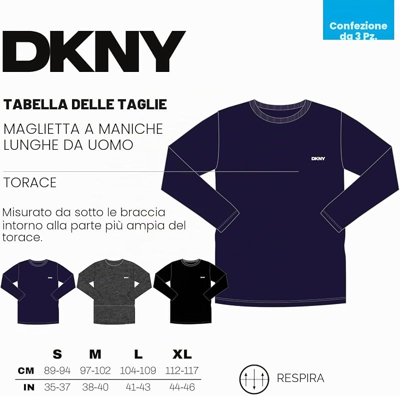 Uomo, Maglietta a Maniche Lunghe, Blu Marino/Grigio Scuro/Nero, Confezione da 3, Medio