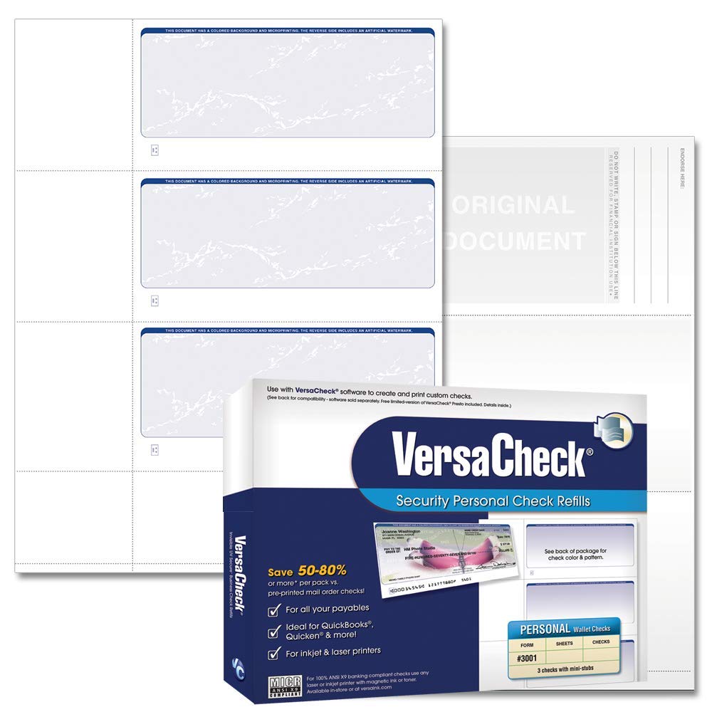 VersaCheck Secure Checks - 750 Blank Business or Personal Wallet Checks - Blue Prestige - 250 Sheets Form #3001-3 Per Sheet (31BP01-01255-4)
