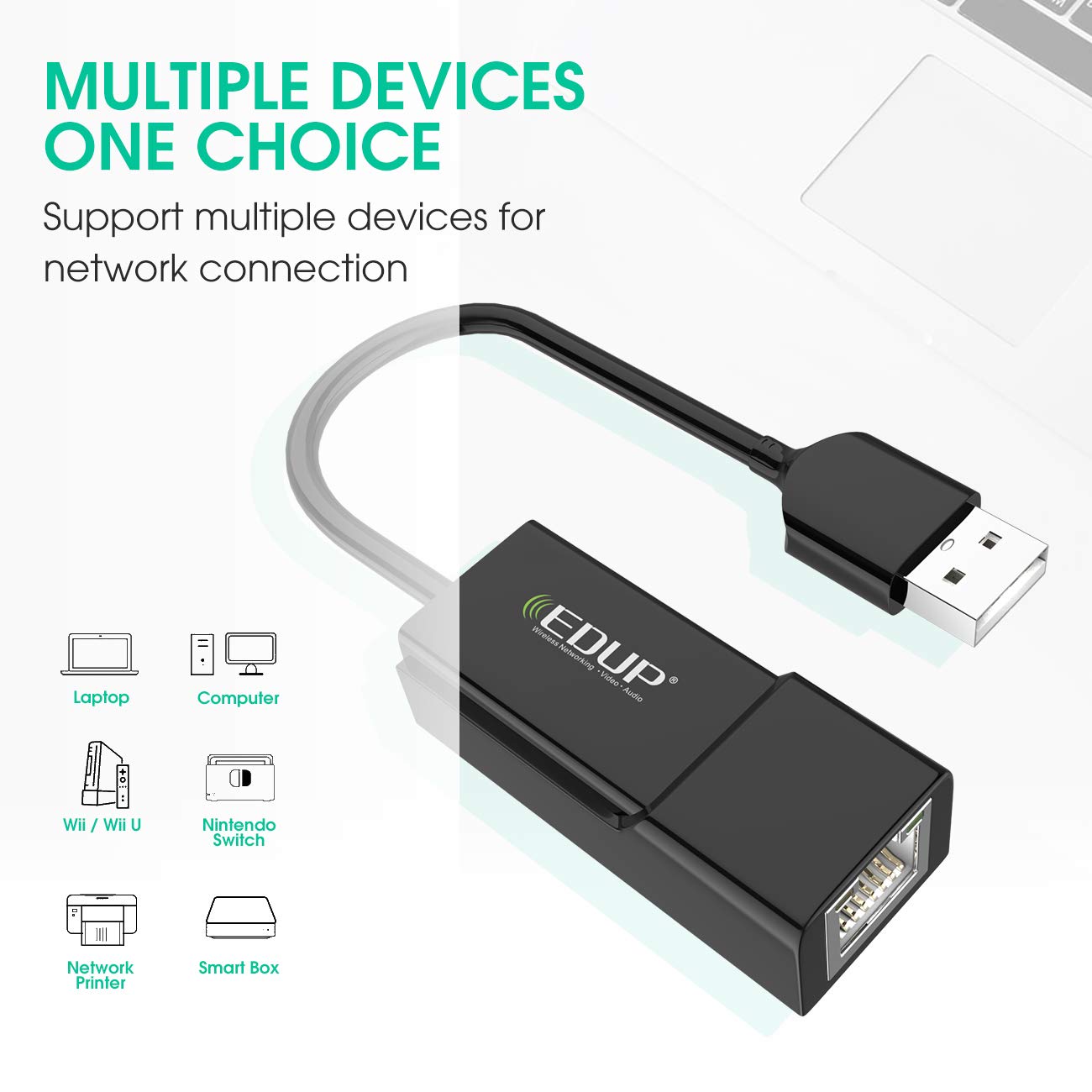 EDUP Ethernet Adapter USB 2.0 to 10/100 Network RJ45 LAN Wired Adapter for Nintendo Switch, Wii, U, MacBook, Chromebook, Windows, Mac OS, Linux