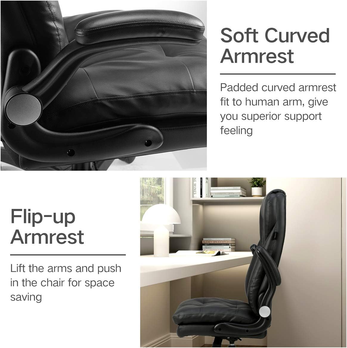 Hbada Ergonomic Executive Office Chair, PU Leather High-Back Desk Chair with Big and Tall Backrest and Cushion, Swivel Rocking Chair with Flip-up Padded Armrest and Adjustable Height, Black: Kitchen & Dining
