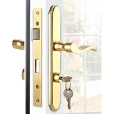 MaxxGeek Flat Slot Storm Door Handle Complete Set, Mortise Keyed Lever Mount Latch with Deadbolt for Screen and Storm Doors (Bright Gold)
