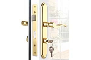 MaxxGeek Flat Slot Storm Door Handle Complete Set, Mortise Keyed Lever Mount Latch with Deadbolt for Screen and Storm Doors (Bright Gold)