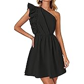 ZESICA Women's Summer One Shoulder Ruffle Dress Boho Sleeveless Elastic High Waist Swing Mini Dresses