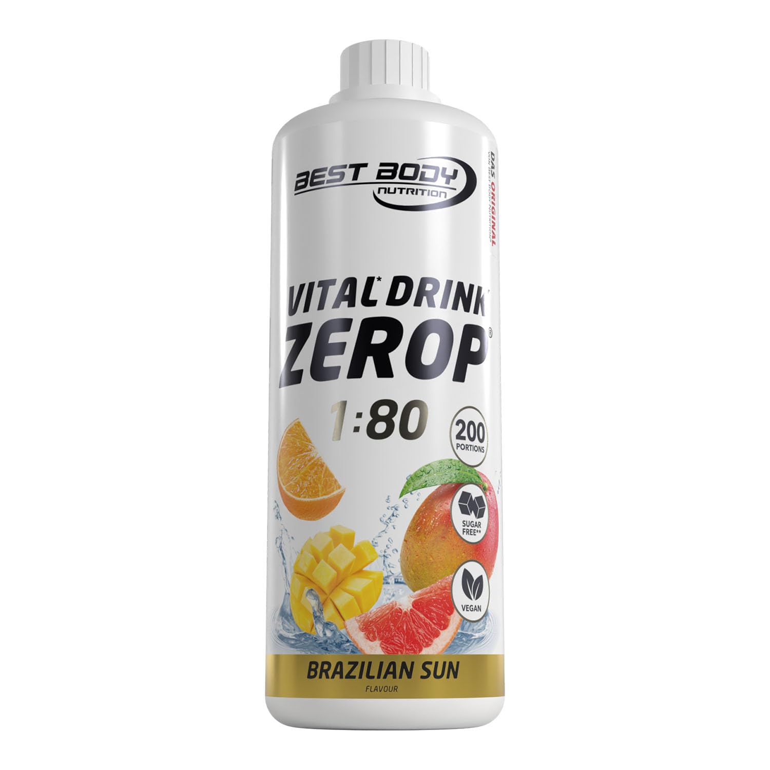 Best Body Nutrition ZEROP Vital Zuckerfreies Getränkekonzentrat Sirup Brazilian Sun Ohne Aspartam 1 L ergibt 80 L Getränk Fitness Drink mit Vitaminen B1 B6 Niacin Kalorienarm Wassersprudler