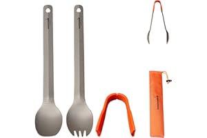 Dawn Deer 3 in1 Titanium Ultralight Cutlery Set, Long Handle Spoon and Spork, Camping Tong, Travel Utensils with Bag (22CM)