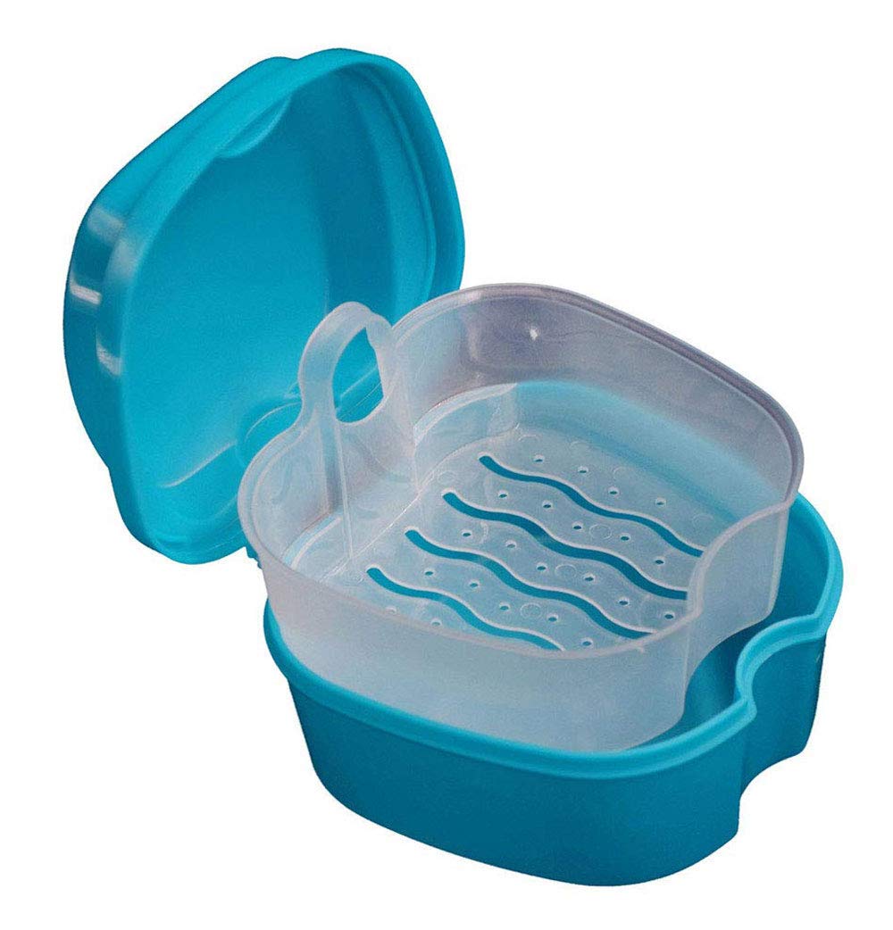 KISEER 2 Pack Colors Denture Bath Case Cup Box Holder Storage Soak Container with Strainer Basket for Travel Cleaning (Light Blue and Blue) : Beauty