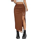 SHENHE Women's High Slit Skirt Mesh High Waisted Drawstring Ruched Party Club Summer Midi Skirts