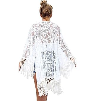Sexy Spitze Quasten Hohle Kimono Cardigan Sommer Strand Cover Top Weiss