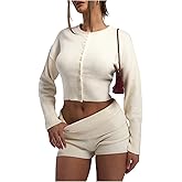 GORGLITTER Women's Button Up Cinched Waist Cardigan Crew Neck Cropped Sweaters Long Sleeve Knit Fitted Pullover Tops