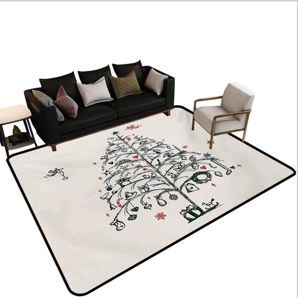 Christmas Rugs for Living Room Fairies with Wands and Tree Hand Drawn Style with Wreath and Stockings Image Floor Carpet Red and Green Area 5'x8'