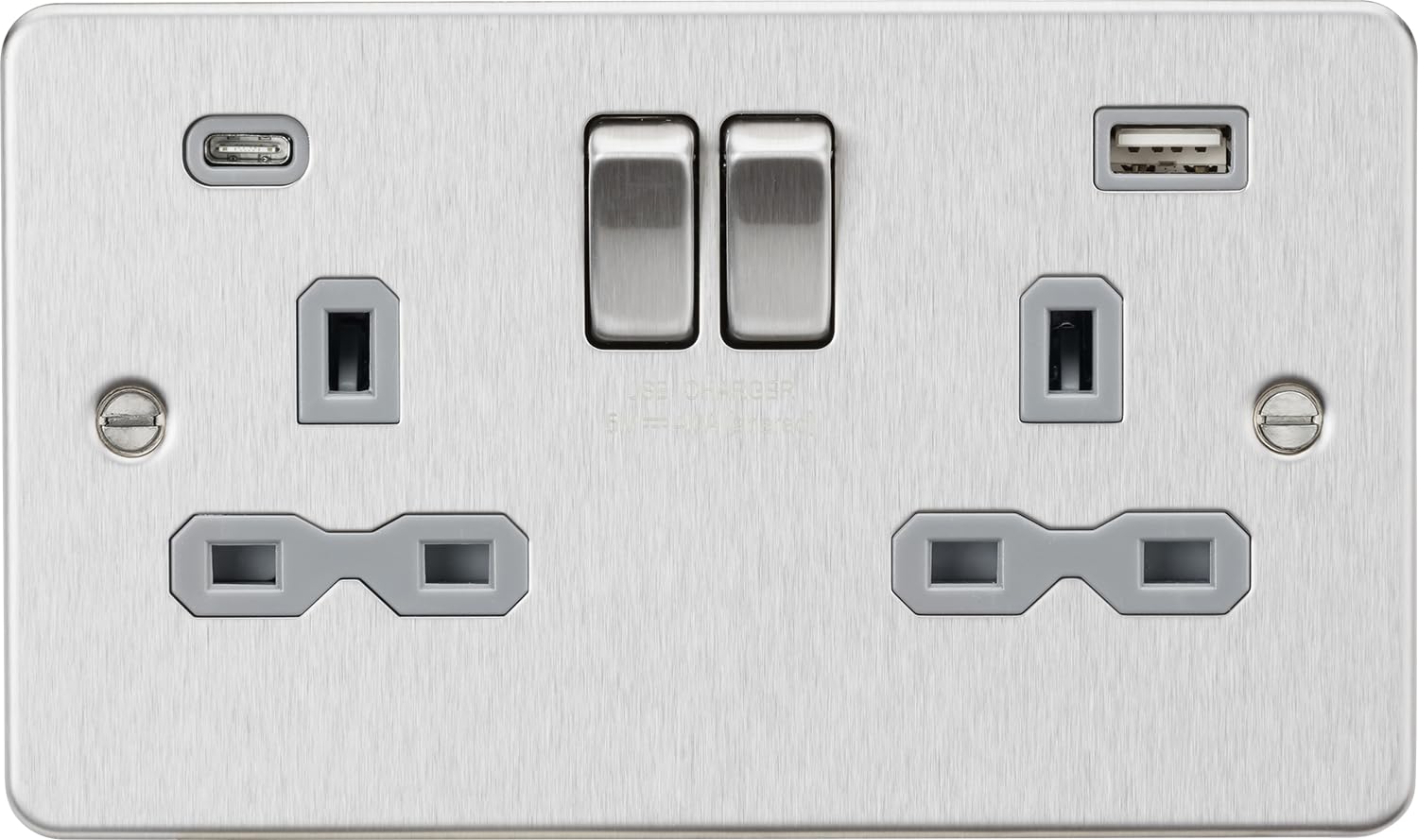 13A 2G SP Switched Socket with Dual USB A+C (5V DC 4.0A shared) - Brushed Chrome with Grey Insert