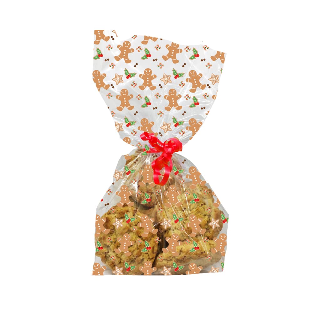 Anniversary House Pack fo 20 Gingerbread Christmas Cellophane Bags, Party, Cookie, Biscuit, Sweet Treat, Cake, Sweets, Gift, Food Bag 12.5 x 28.5cm, Clear with Festive Pattern, Gifts, M570