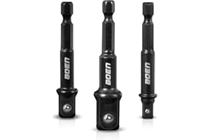 BOEN Impact Grade Socket Adapter Set, 3-PCS Drill Bit Adapter with Bit Holder, Sizes 1/4", 3/8", 1/2", 1/4-Inch SAE Hex Shank, Cr-V with Black Phosphate Finish