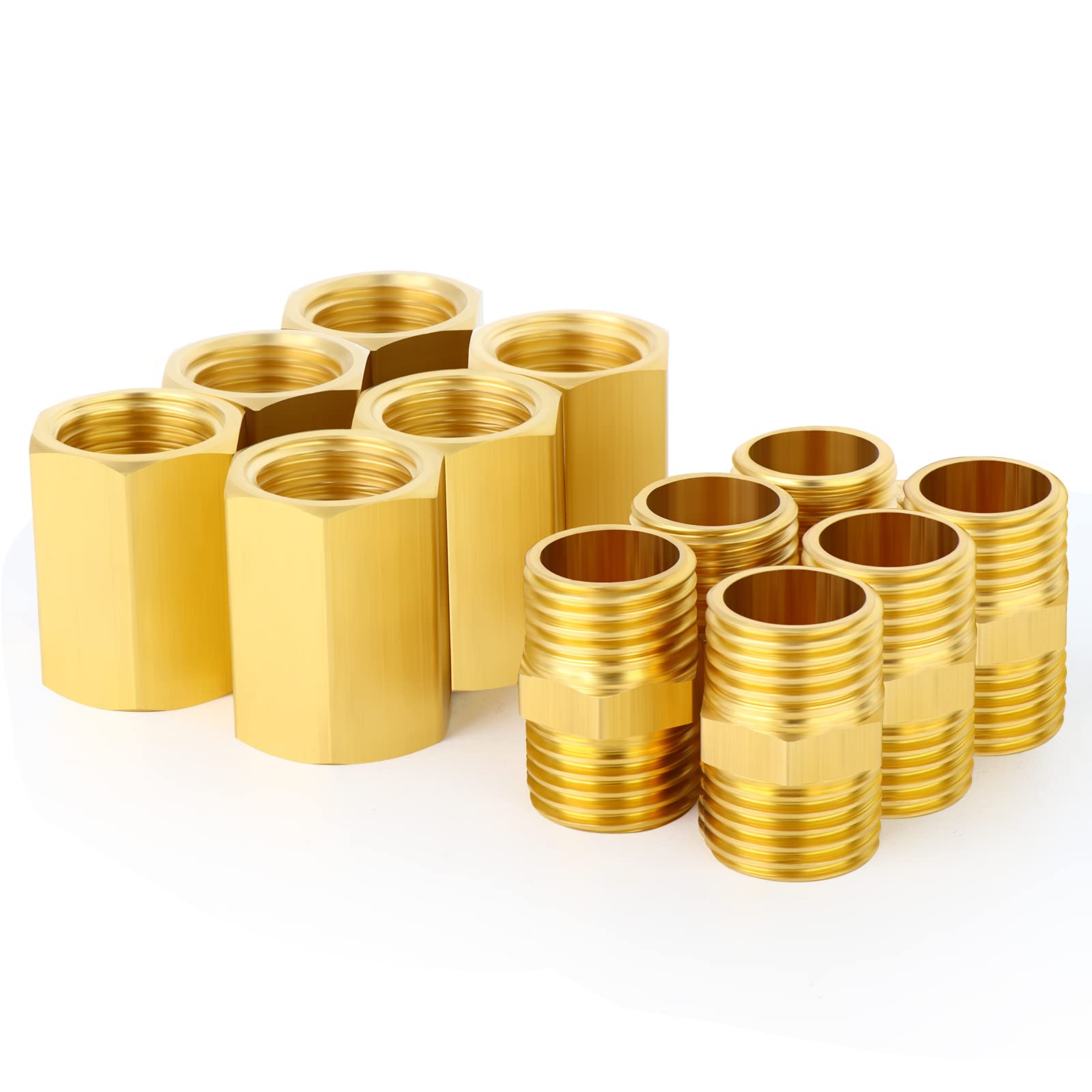 ERGAOBOY 12 PCS 1/8" x 1/8" BSP Brass Pipe Fitting, Hex Nipple & Hex Coupler, Male Thread and Female Thread Pipe Connectors