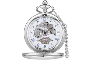 Alwesam Mens Pocket Watch Skeleton Mechanical Hand Winding Half Hunter Silver Black Golden Case Roman Numerals with Gift Box