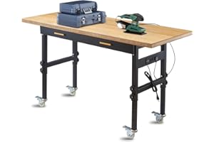 BMJX US 24 * 60" Work Bench with Drawers, Adjustable Height Mobile Tool Bench 2700 LBS Load Capacity Workbenches with Power Outlets and Wheels for Garage, Workshop, Office, Home