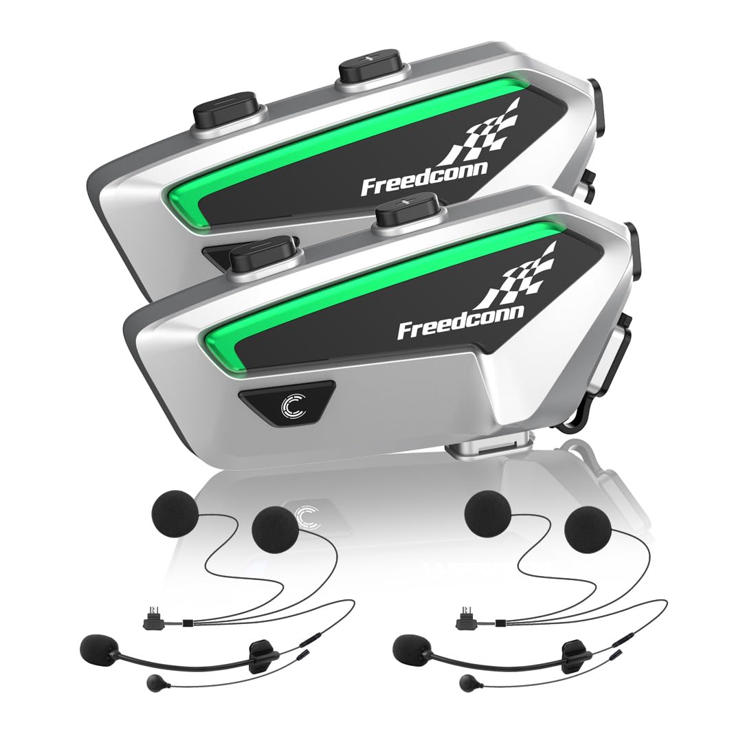 FreedConn FX Motorcycle Bluetooth Headset with Music Sharing, 2pcs 10 Riders 1500m Group Helmet Intercom with Noise Cancellation/FM Radio/Universal Pairing, Silver Ultra-Thin Body