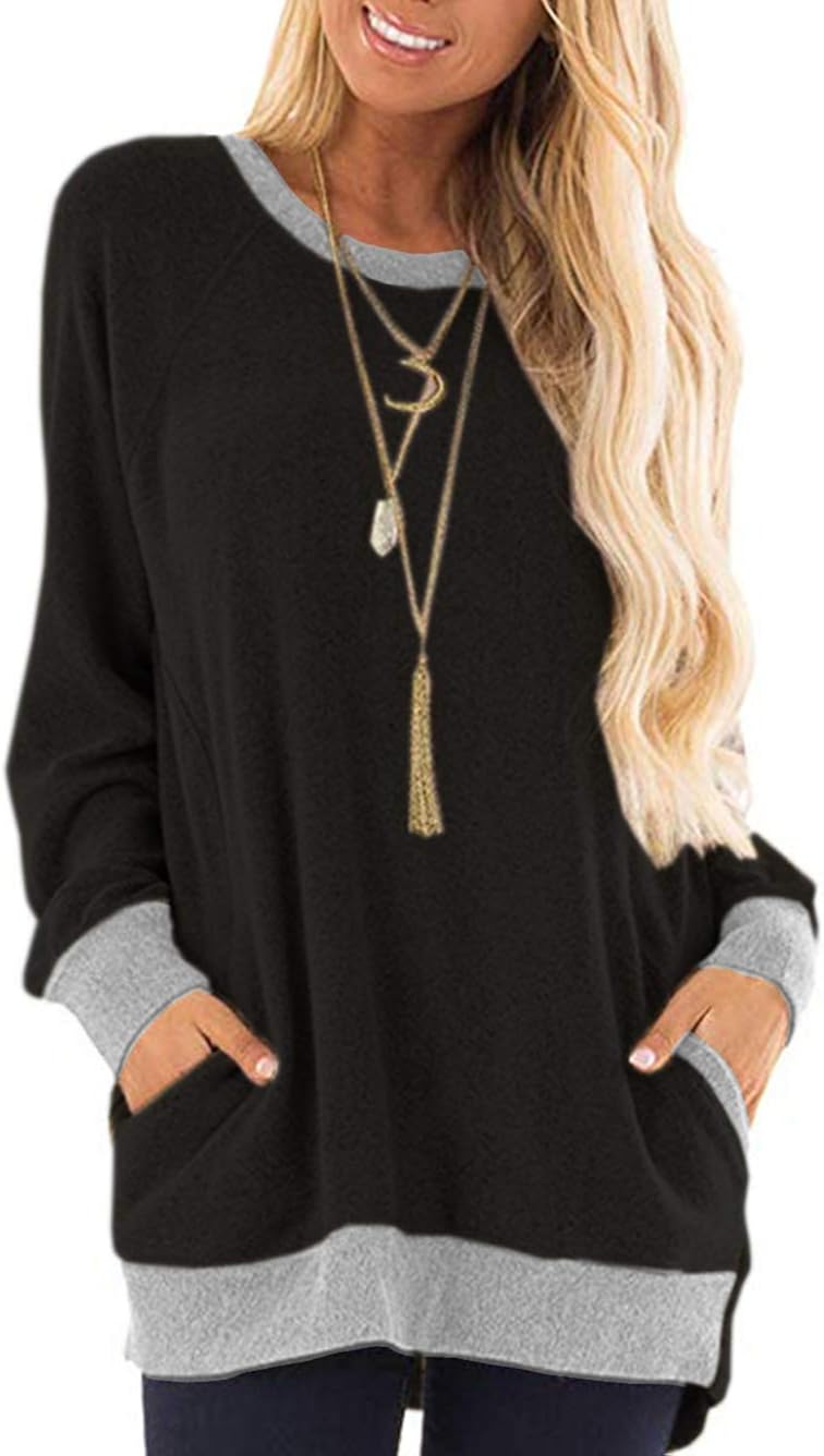 iChunhua Women's Tops Cotton Autumn Plain Long Sweatshirt Jumper Plus Size Dark Black XL