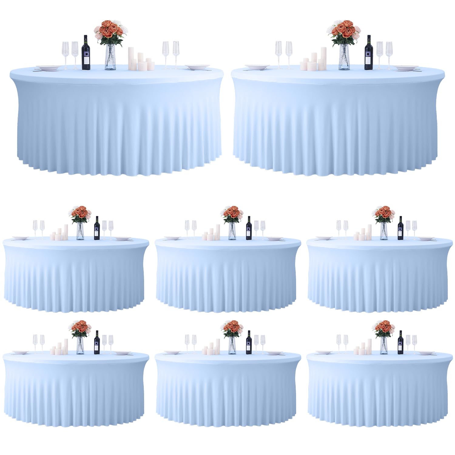 Photo 1 of GALLETY 8 Pack Baby Blue Round Tablecloth 60 Inch Cloth, Stretchy Fitted Tablecloth Circle Table, Table Cloths for 5 FT Circular Tables for Wedding Birthday Themes Parties Engagement Party