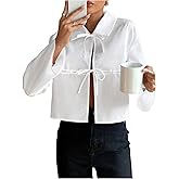 GORGLITTER Women's Tie Front Up Cropped Tops Long Sleeve Collar Shirt Cut Out Loose Blouses
