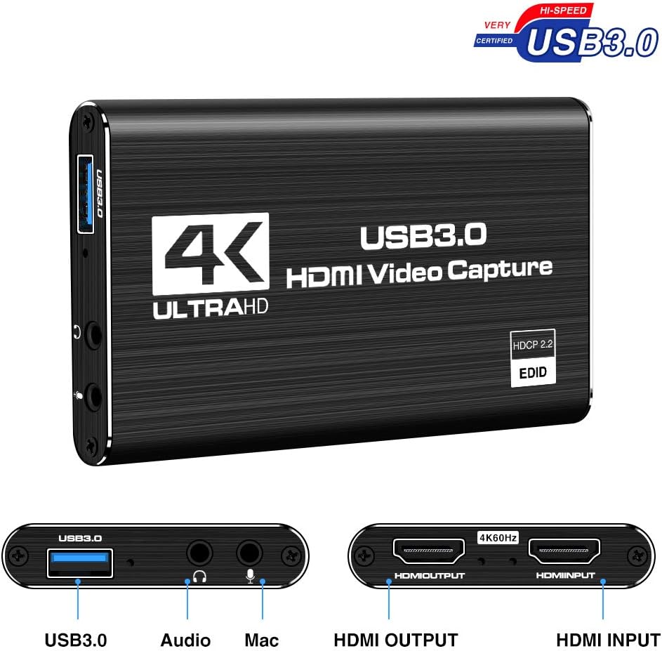 LEADNOVO Audio Video Capture Card, HDMI USB3.0 4K 1080P 60fps Reliable Portable Video Converter for Game Streaming Live Broadcasts Video Recording(Black): Computers & Accessories