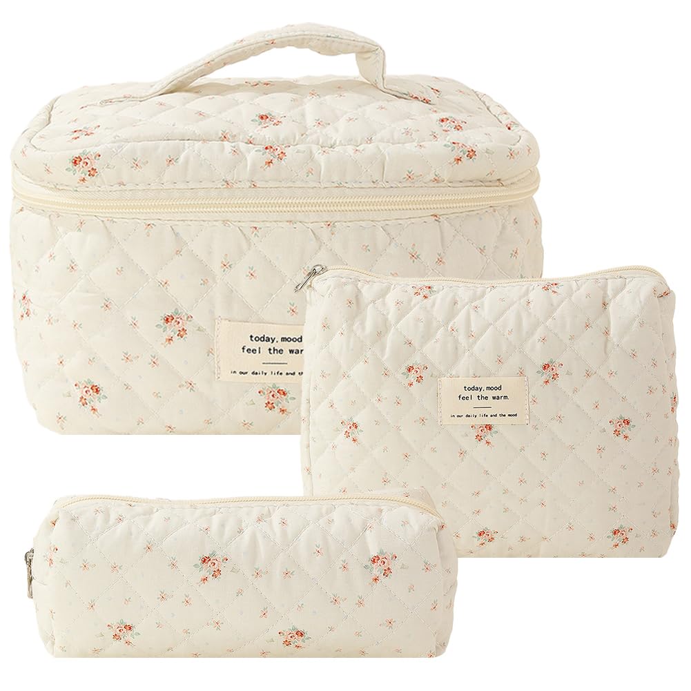 CHAMAIR 3Pcs Coquette Makeup Bag - Quilted Cosmetic Bag Large Make Up Bag Set Aesthetic Floral Toiletry Bag Cotton Travel Skincare Bag for Women Ladies Girls (Style B4) — image 1