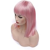 morvally Short Straight Bob Wig with Flat Bangs Natural Looking Heat Resistant Hair Cosplay Costume Wigs (14 inches Pink)