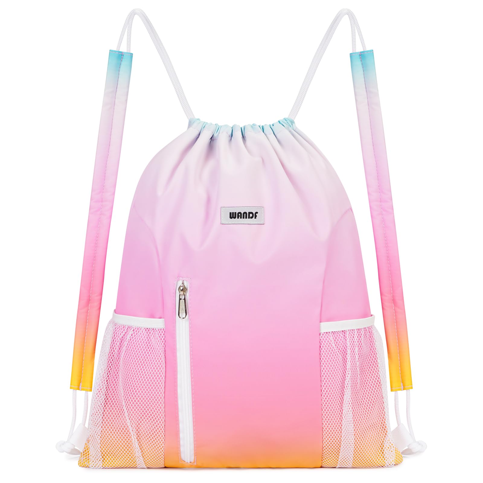 WANDF Drawstring Backpack with Shoulder Pad Sports Gym Backpack with Mesh Pocket String Bag for Women Men (Rainbow)