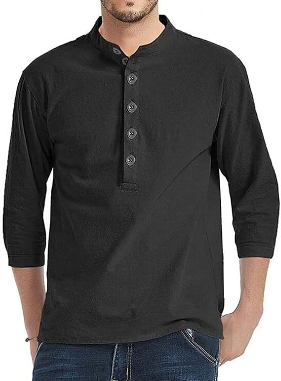 Men Cotton Linen 3/4 Sleeve Slim Casual Shirt Pure Color Retro Men's Linen Casual Shirt Long 