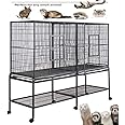 54" Large Double 3-Levels Small Animals Critters Wrought Iron Chew Proof Cage Center Slide Out Divider Tight 1/2-inch Bar Spacing Removable Rolling Stand Ferret Squirrel Chinchilla Rat Mouse