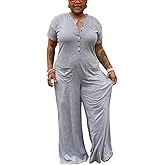 YeGine Plus Size Women Short Sleeve Loose Jumpsuit Casual Rompers One Piece Button Up Wide Leg Jumpsuits