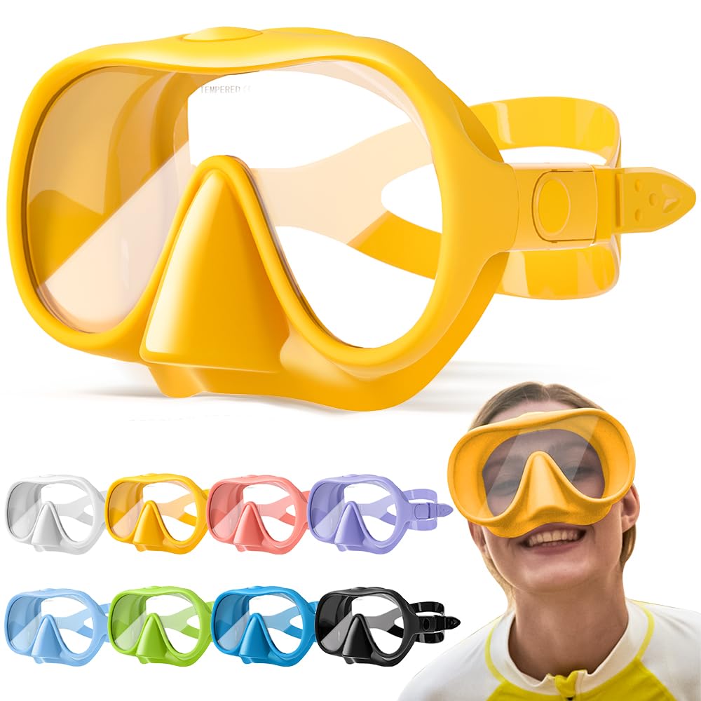 HINATAA Snorkel Set Adults, Fashionable Macaron Colors Frameless Snorkeling Mask, Ultra Wide View Anti-Fog Snorkel Mask Set, Portable Professional Diving Snorkeling Set (Yellow (No breathing tube))