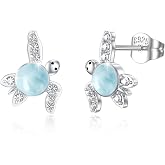 MOPOPOK Turtle Stud Earrings Sterling Silver Gemstone for Women | 925 Sterling Silver Moonstone, Agate, Turquoise and Larimar Ocean Jewelry Gifts for Birthdays and Mother's Day.