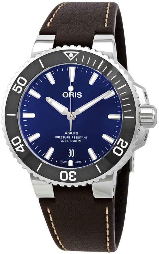 Oris Aquis Date Blue Dial Men's Watch with Dark Brown Leather Strap 73377324135LS