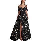 Eightale Tulle Cold Shoulder Long Sparkly Prom Dress Starry Ruffle Hem Slit Formal Party Dress