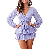AIMCOO Women's Floral Print Deep V-Neck Romper Double Layer Ruffle Hem Jumpsuits Long Baggy Sleeves Waist Tie Short Rompers