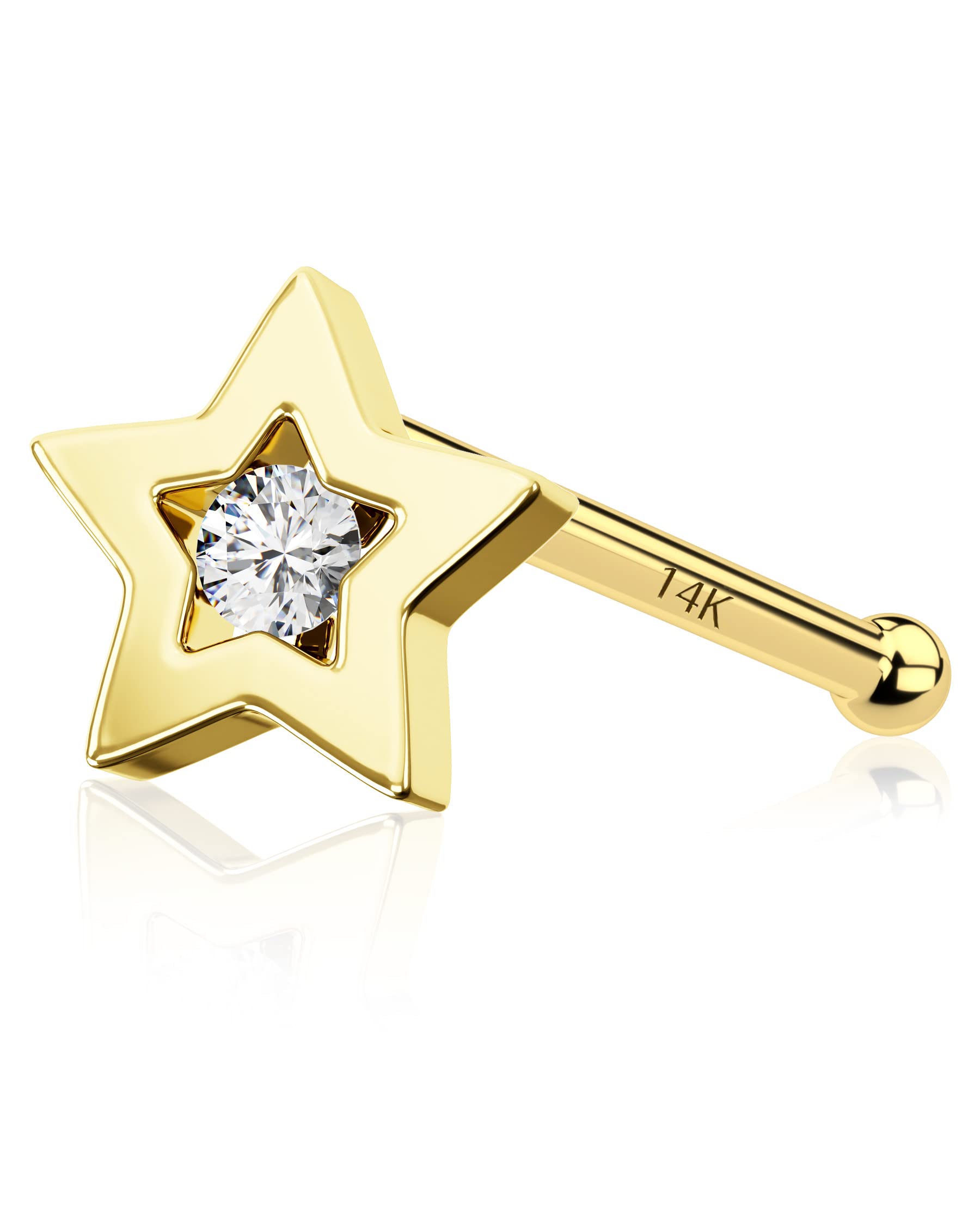 MeIighting 20G 14K Solid Gold Nose Stud Nose Rings Piercing Star & Heart Nose Bone Cubic Zirconia Nose Piercing Jewellery for Women Girls