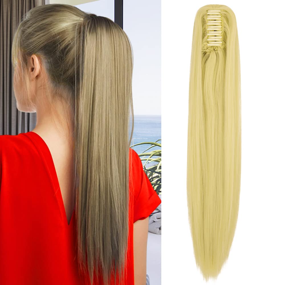OMGREAT Claw Ponytail Hair Extension One Piece Cute Clip in on Ponytail Claw Synthetic Straight Curly Hairpieces 21" Straight Bleach Blonde